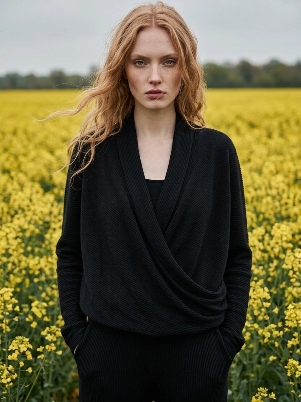 Free People Black Cozy For You Draped Faux Wrap V-Neck Sweater